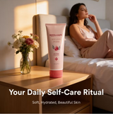 Woman lying on a bed with a tube of Roots& Glow body lotion on a nightstand, surrounded by flowers.