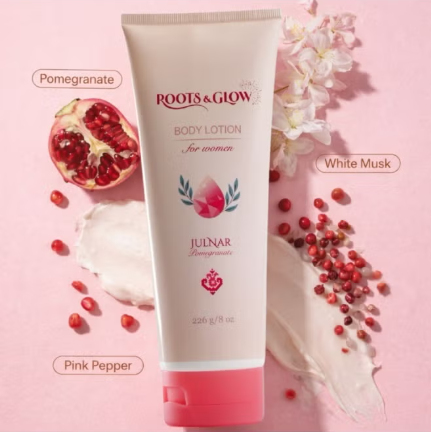 Roots & Glow Women’s Body Lotion Deep Hydration and Radiance Silky, nutrient-rich lotion inspired by the beauty of blooming pomegranates.