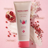 Roots& Glow Body lotion tube with pomegranate, white musk, and pink pepper. 