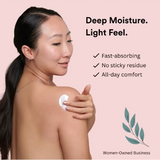 Woman applying a Roots & Glow body lotion at her shoulder with text about deep moisture and light feel .