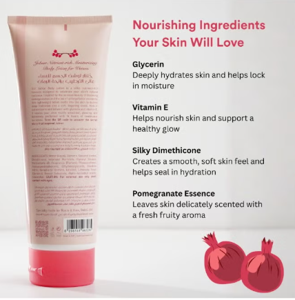 Roots & Glow Women’s Body Lotion Deep Hydration and Radiance Silky, nutrient-rich lotion inspired by the beauty of blooming pomegranates.