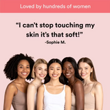 Five women of different ethnicities standing together with a quote about roots & glow body lotion skin softness. 
