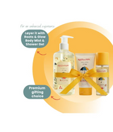 Set of Roots & Glow kids skincare products with a yellow bow .