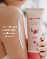 Roots & Glow body lotion being applied in a women's hand .