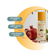 Roots & Glow Body spray bottle with pomegranate and umbrella design.