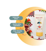 Roots& Glow Children's lotion with pomegranate and floral design, labeled as 'Daily kids lotion', 'Gentle daily hydration', and 'Kids-friendly Formula'.