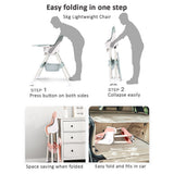Easy-fold instructions for a lightweight baby booster high chair, showing the step-by-step folding process and its compact, space-saving design.