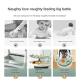 Ad for a foldable baby booster high chair, showing a child using it for feeding and play, with product images and promotional text highlighting its compact, convenient design.