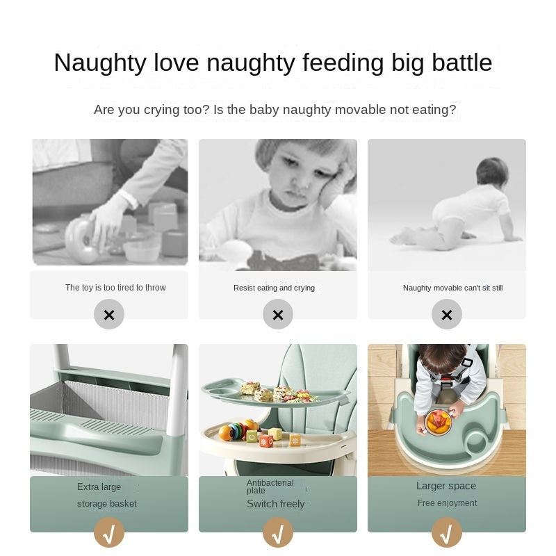 Ad for a foldable baby booster high chair, showing a child using it for feeding and play, with product images and promotional text highlighting its compact, convenient design.