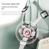  Five-point view of a safety harness with anti-slip protection and double anti-skid features on a foldable baby high chair.