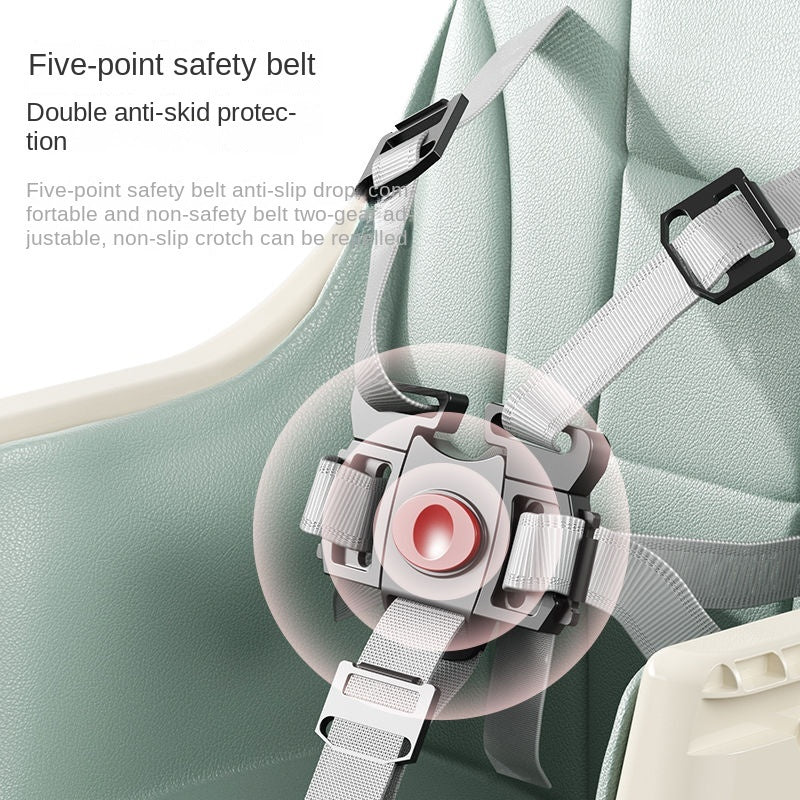  Five-point view of a safety harness with anti-slip protection and double anti-skid features on a foldable baby high chair.
