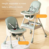 Height-adjustable baby high chair with wheels on a wooden floor.