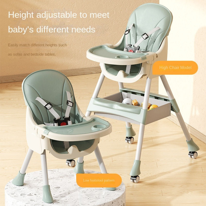 Height-adjustable baby high chair with wheels on a wooden floor.