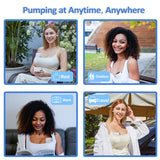 Four scenarios showing a woman using double wearable breast pump in different settings with text indicating 'Pumping at Anytime, Anywhere'.