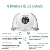 Baby breast pump with digital display and text describing modes and levels.