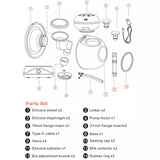 Diagram of parts for a breast pump with labeled components.