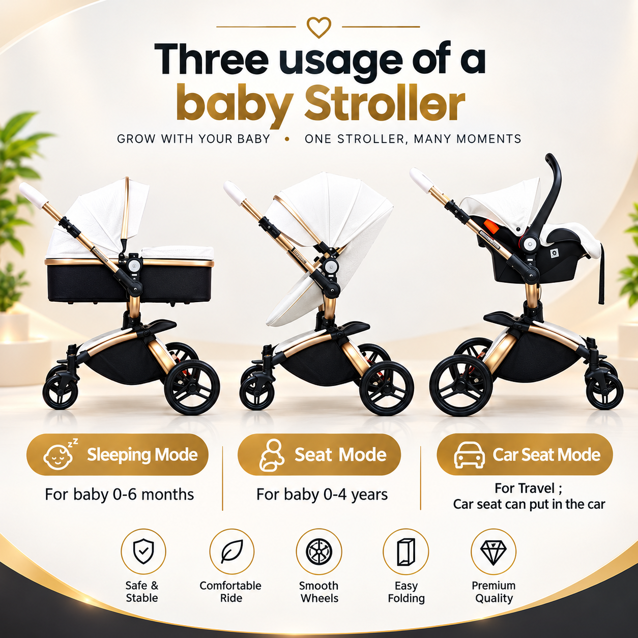 Luxury Baby Stroller 3 in 1 Fashion Carriage Gold Frame Pram