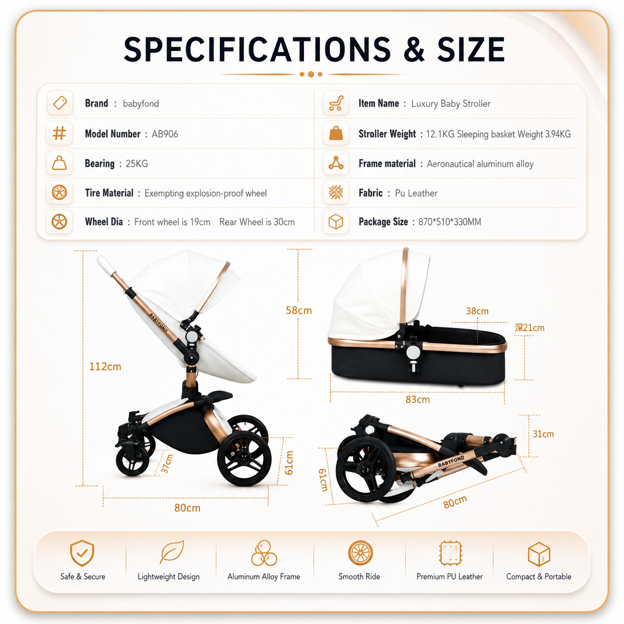 Luxury Baby Stroller 3 in 1 Fashion Carriage Gold Frame Pram