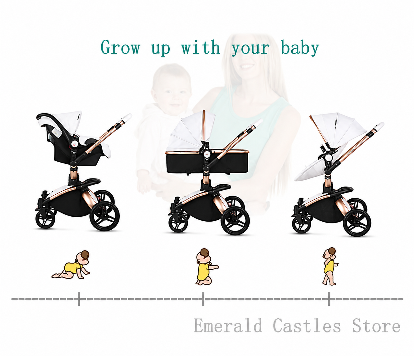 Luxury Baby Stroller 3 in 1 Fashion Carriage Gold Frame Pram