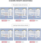 Height-adjustable children’s crib with a sturdy frame and multiple mattress height positions for convenient access and use.
