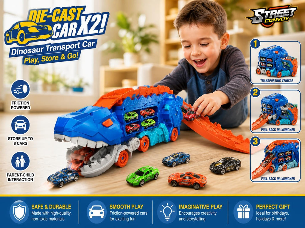 Dinosaur Truck Toy with 8 Cars – Toddler Car Toys for Boys 3-6, 25" Foldable Race Track, Transforms Into T-Rex – Truck Toy for Kids Boys Girls – Dinosaur Car Set