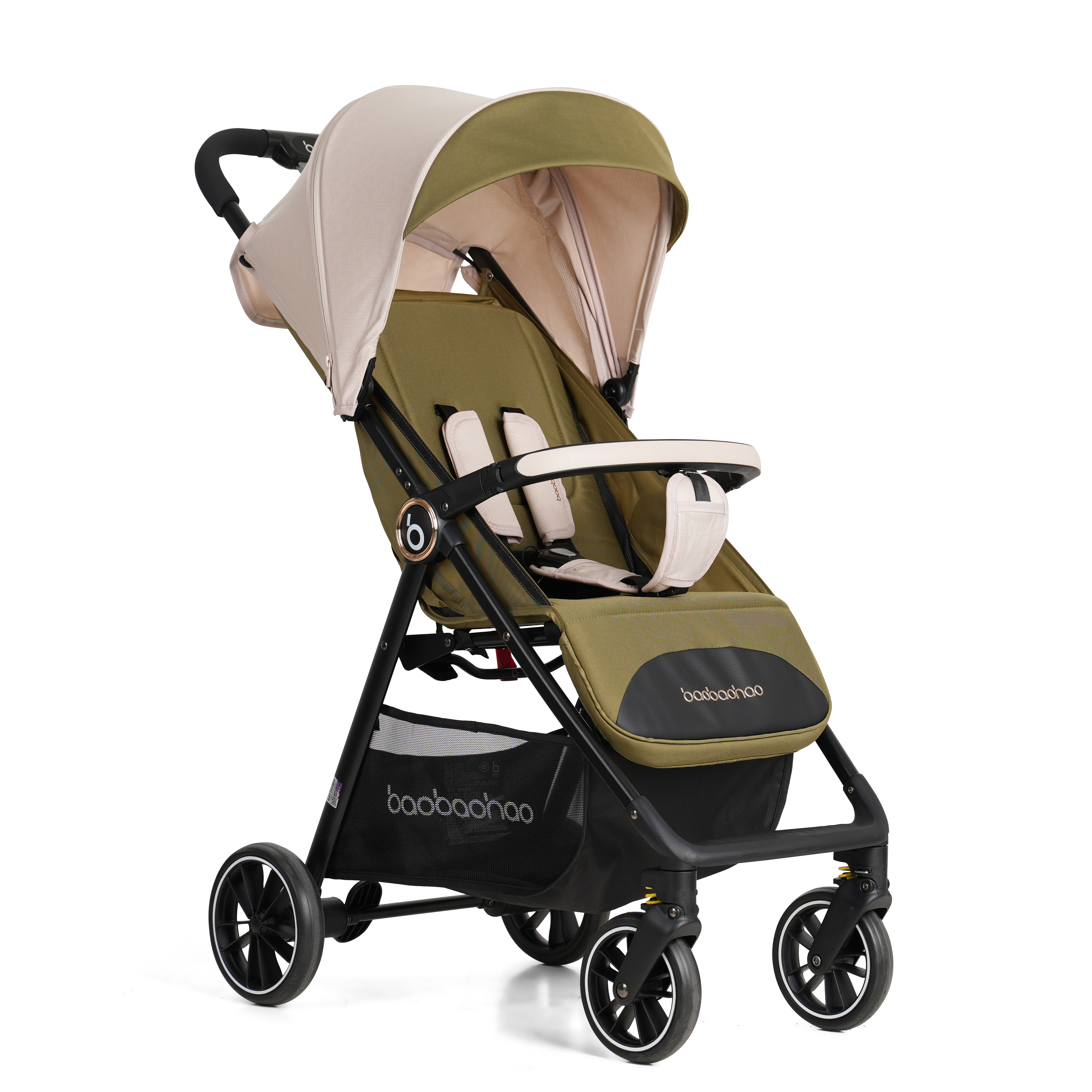 Lightweight baby stroller with an olive green and beige canopy, black frame, and beige seat padding on a white background, with “baobaohao” branding visible on the side.