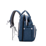 Blue backpack with multiple pockets.