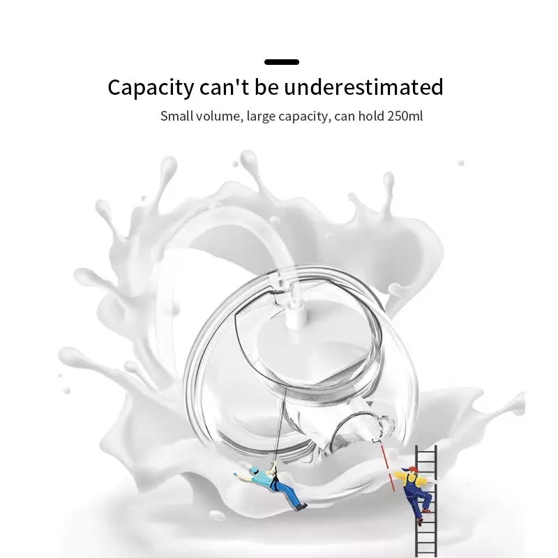 Double electric breast pump with a transparent glass milk container, visible milk splash, and clear text highlighting the container’s milk capacity.
