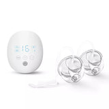 White double wearable breast pump with two clear silicone cups and electronic controls.