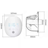 Measurement chart showing a white double wearable breast pump with a digital display and control buttons, with dimensions labeled around the device.