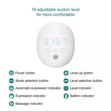 Wearable breast pump control panel featuring an adjustable suction-level display and control buttons.