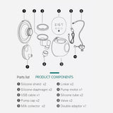 Diagram of a double wearable breast pump showing its components with clearly labeled parts.