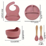 Set of pink baby silicone feeding utensils with dimensions .