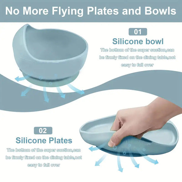 Feeding Set Toddler Weaning Set Silicone Bowl and Plate with Suction Spoon Fork