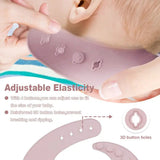 Baby's hand wearing a purple silicone bib with adjustable elasticity.