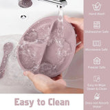 Hand washing a silicone mold with water, surrounded by safety features icons and text.