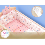 Baby crib with pink bedding featuring cartoon characters on a blue background, with 'BABY LIFE' branding.