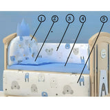 Baby crib with bedding featuring cartoon bear design, labeled with numbers.