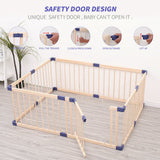 Wooden foldable playpen with safety features on a light wood floor.