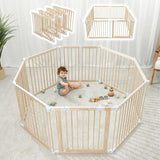 Child playing inside a wooden playpen with additional panels .