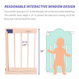 Wooden foldable playpen that can also be used as a baby gate, with dimensions clearly labeled and key safety features highlighted.