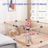 Wooden foldable playpen with a child safely playing inside, surrounded by colorful toys, with natural wood framing and blue accents.