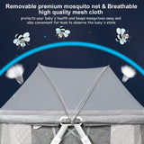 Foldable baby bassinet with a protective mosquito net over the crib, highlighting its lightweight design, breathable mesh, secure frame, comfortable sleeping space, and easy-folding portability.