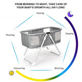  Foldable Gray baby bassinet with text indicating its use throughout the day for various activities.