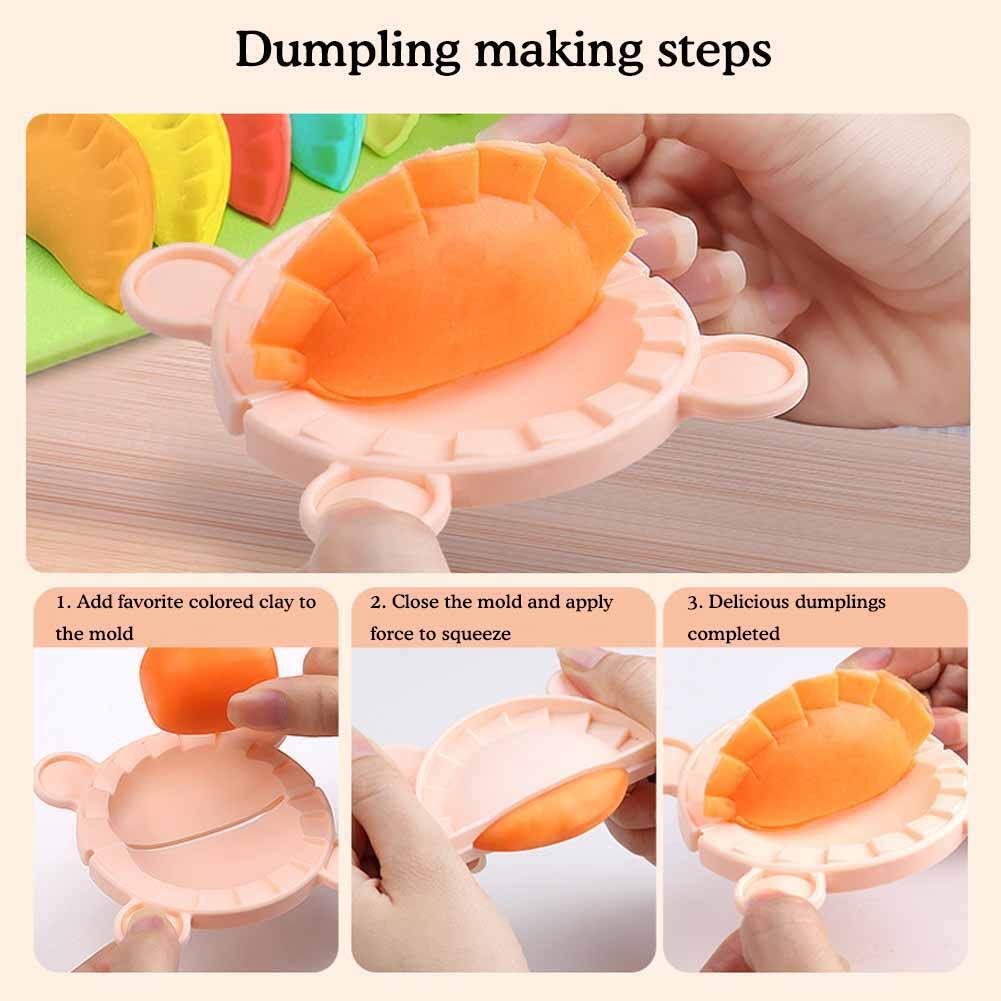 Step-by-step guide on making dumplings using a mold with Gourmet play doh set.