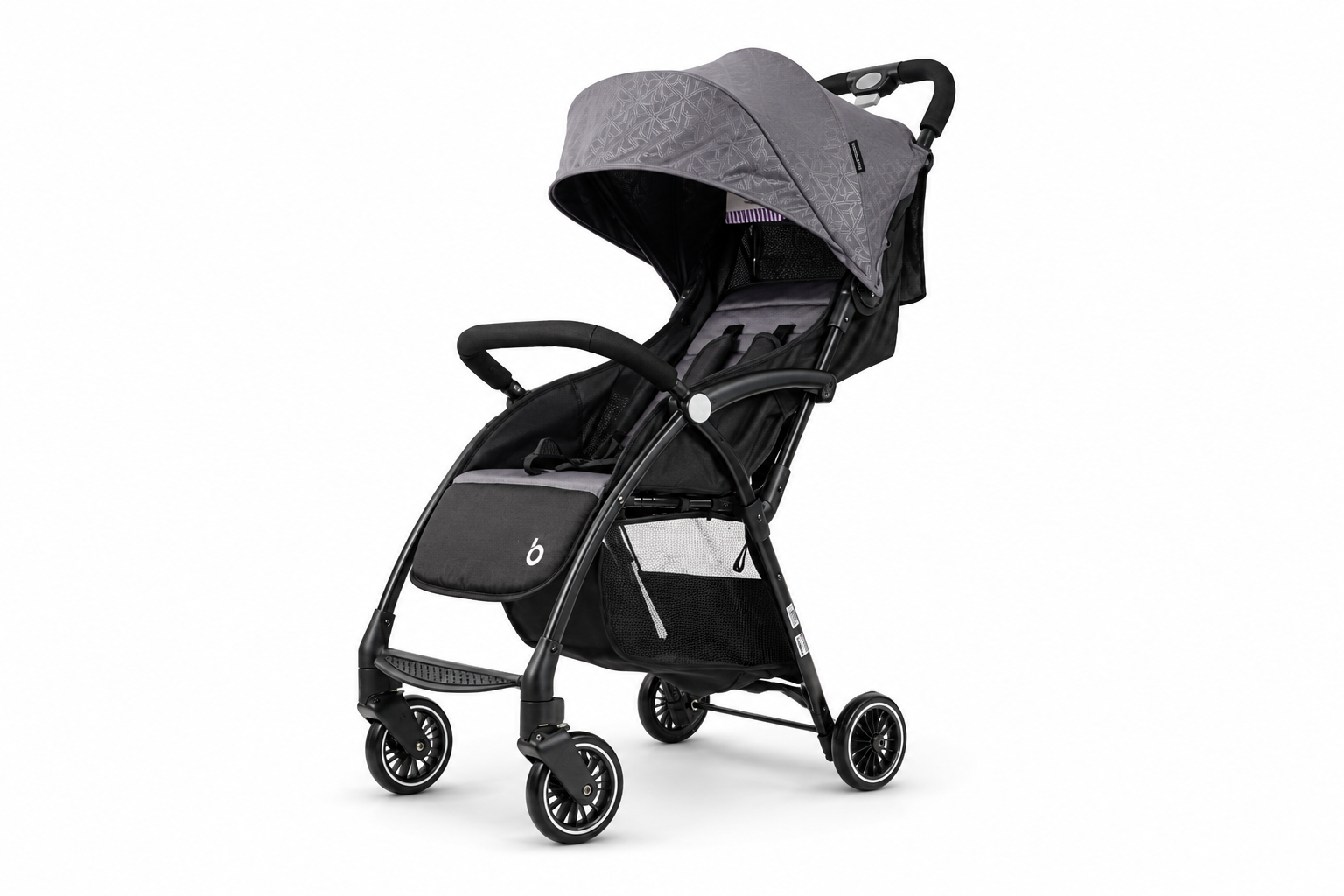 A10 lightweight 2-in-1 compact stroller in dark gray and black with a patterned canopy.



