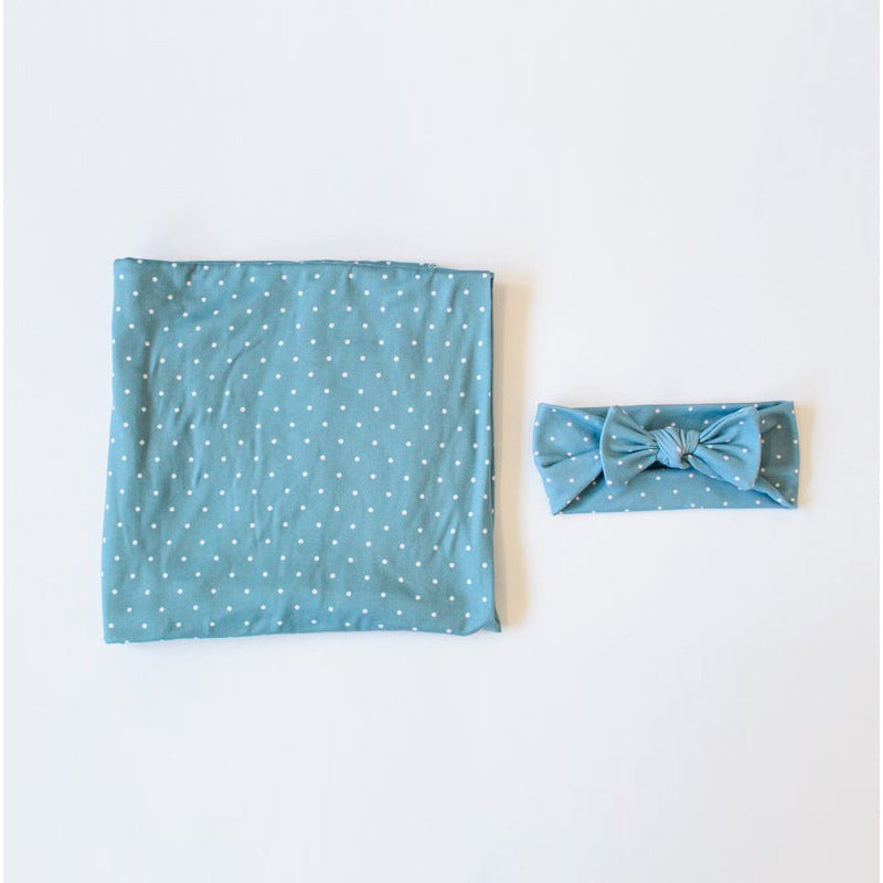 Blue polka dot swaddle blanket wrap and head band.