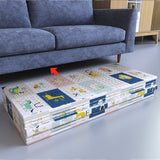 Stack of children's foldable play mats with cartoon designs .