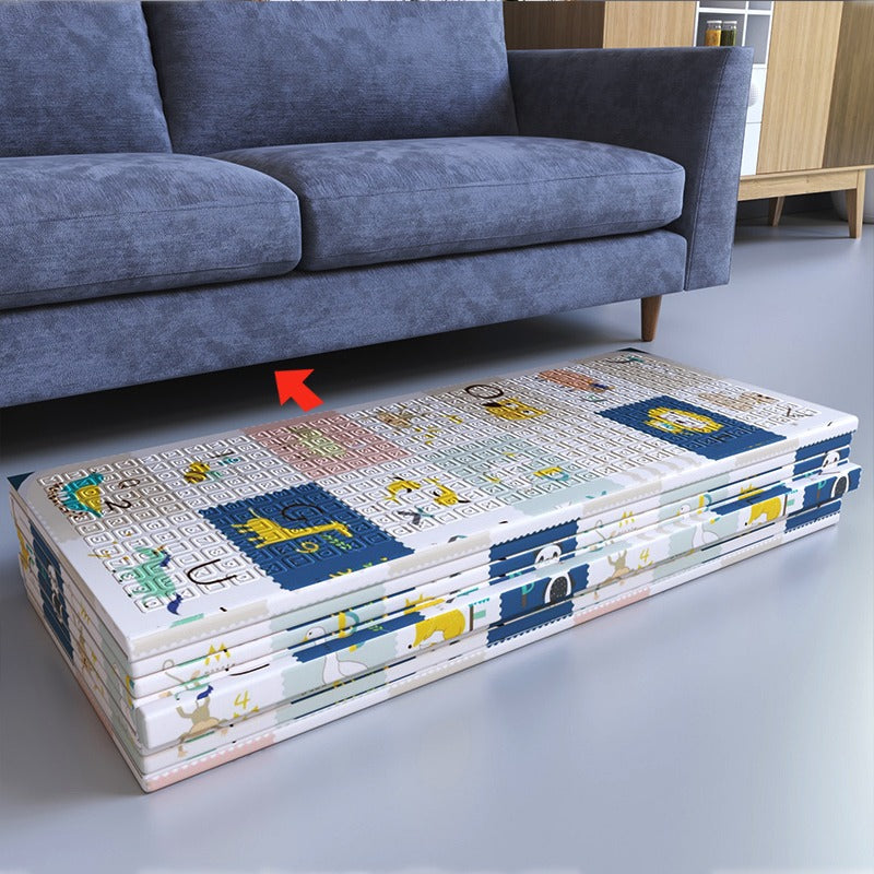 Stack of children's foldable play mats with cartoon designs .