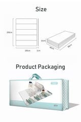 Packaging for a high-quality baby floor play mat with a size chart.